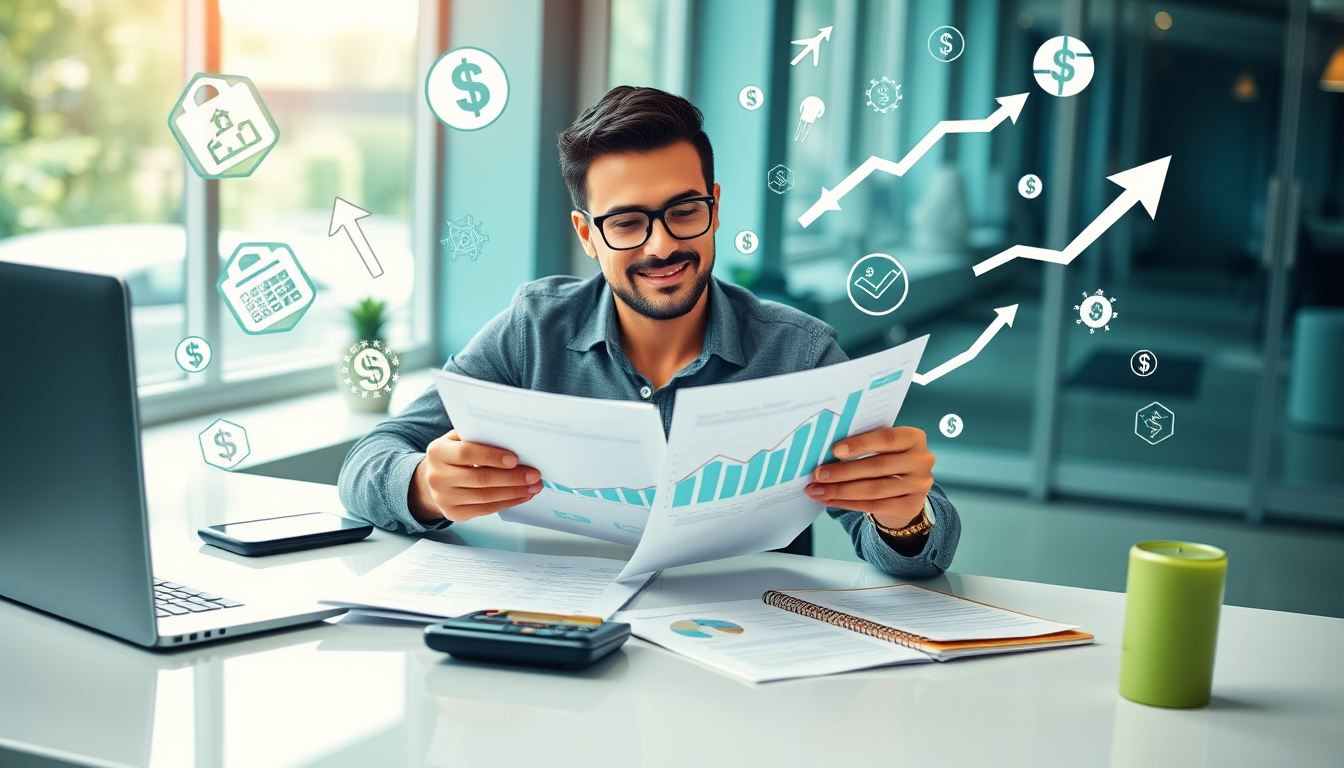 Person managing finances, showing growth charts and investment symbols.